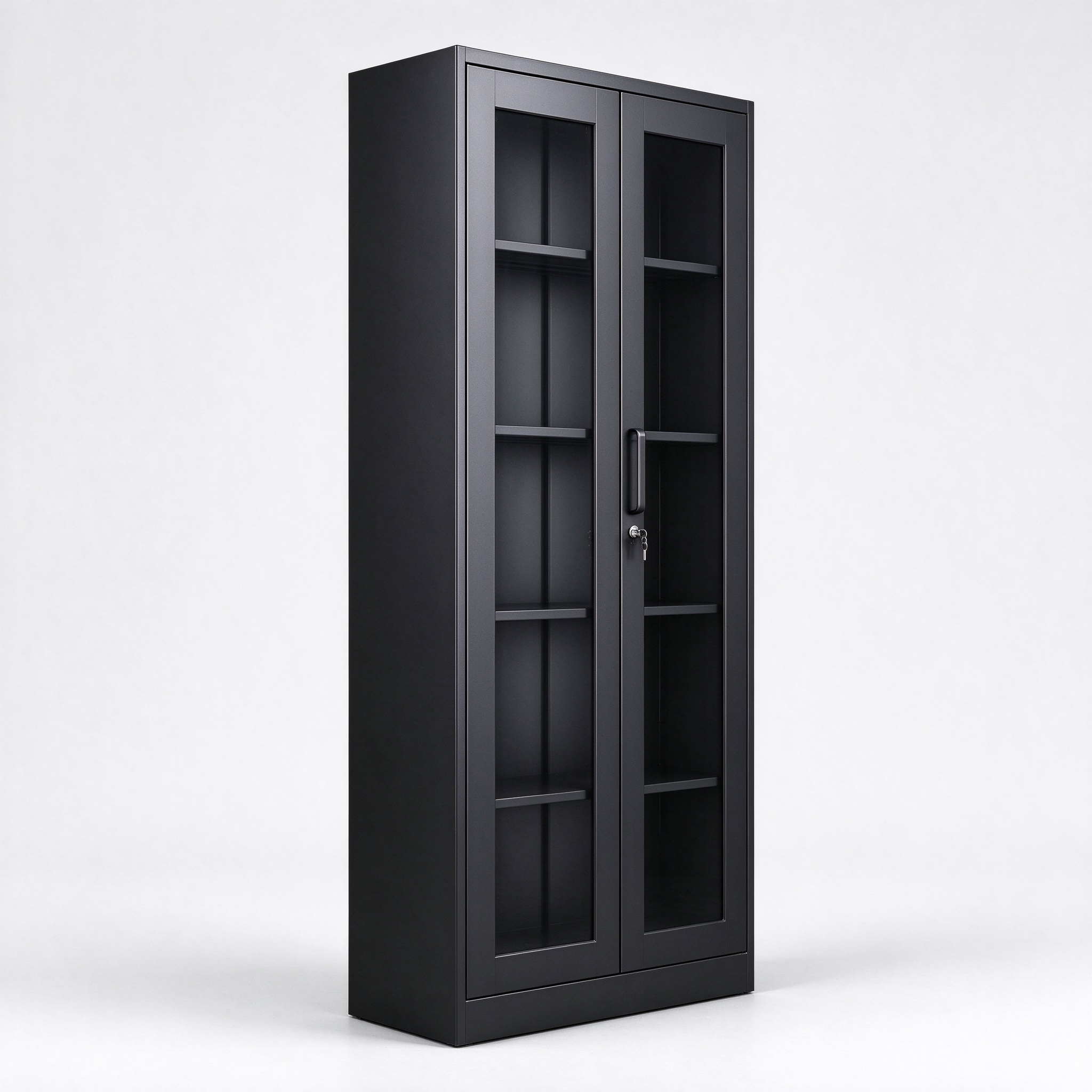 Black metal locking display cabinet right 45 view