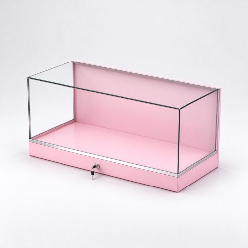 Pink countertop locking glass display case right 45 view