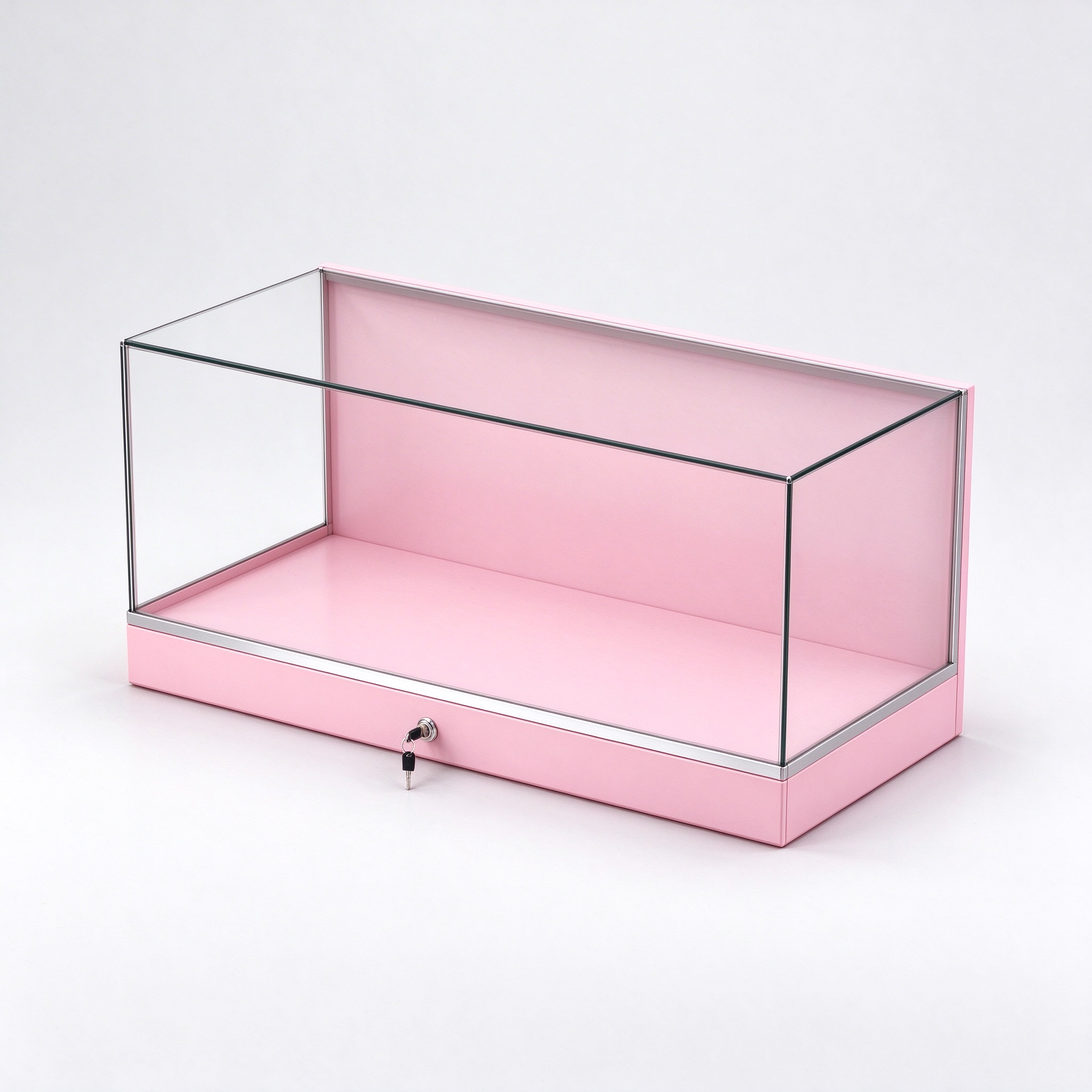 Pink countertop locking glass display case right 45 view
