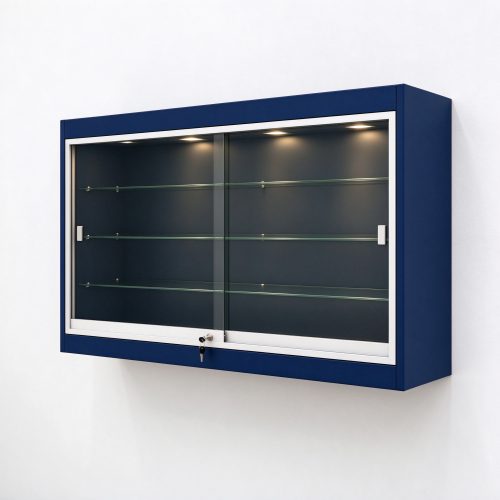 Navy blue wall mounted locking display case right 45 view