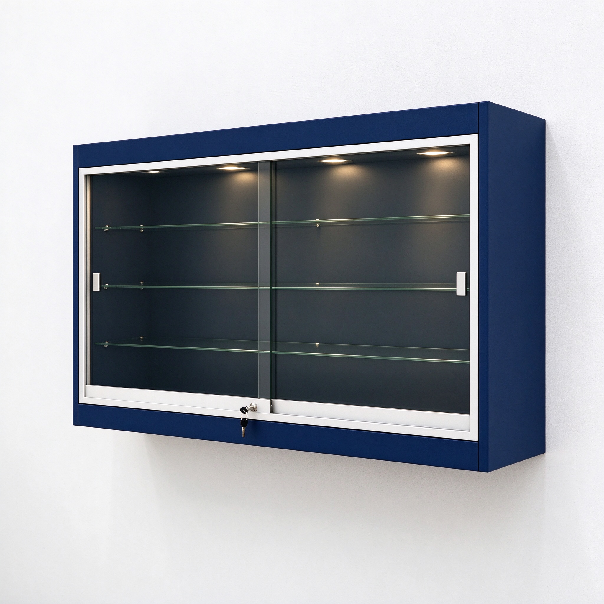 Navy blue wall mounted locking display case right 45 view