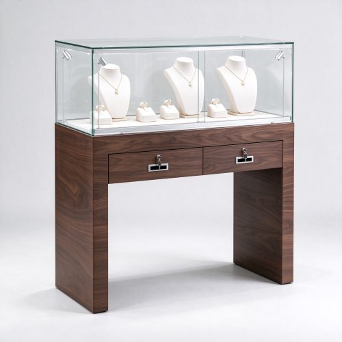 Lockable walnut jewelry display table right 45 view