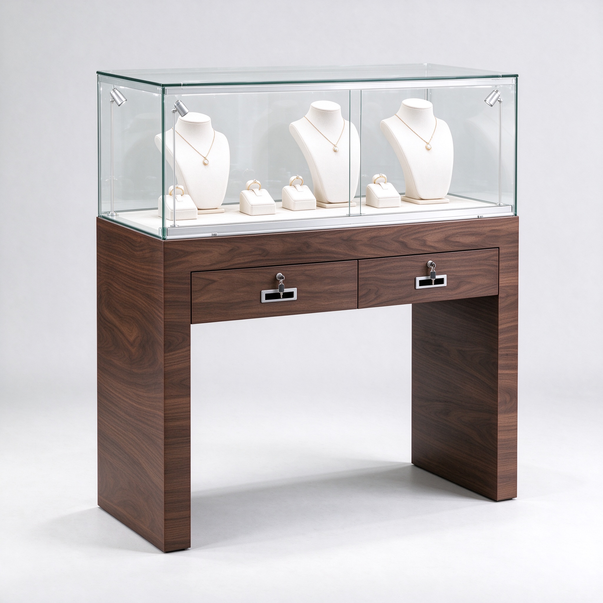 Lockable walnut jewelry display table right 45 view