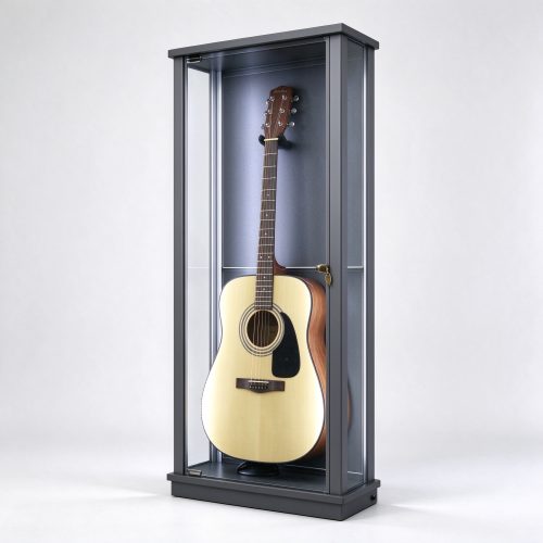 Dark gray lockable guitar display showcase right 45 view