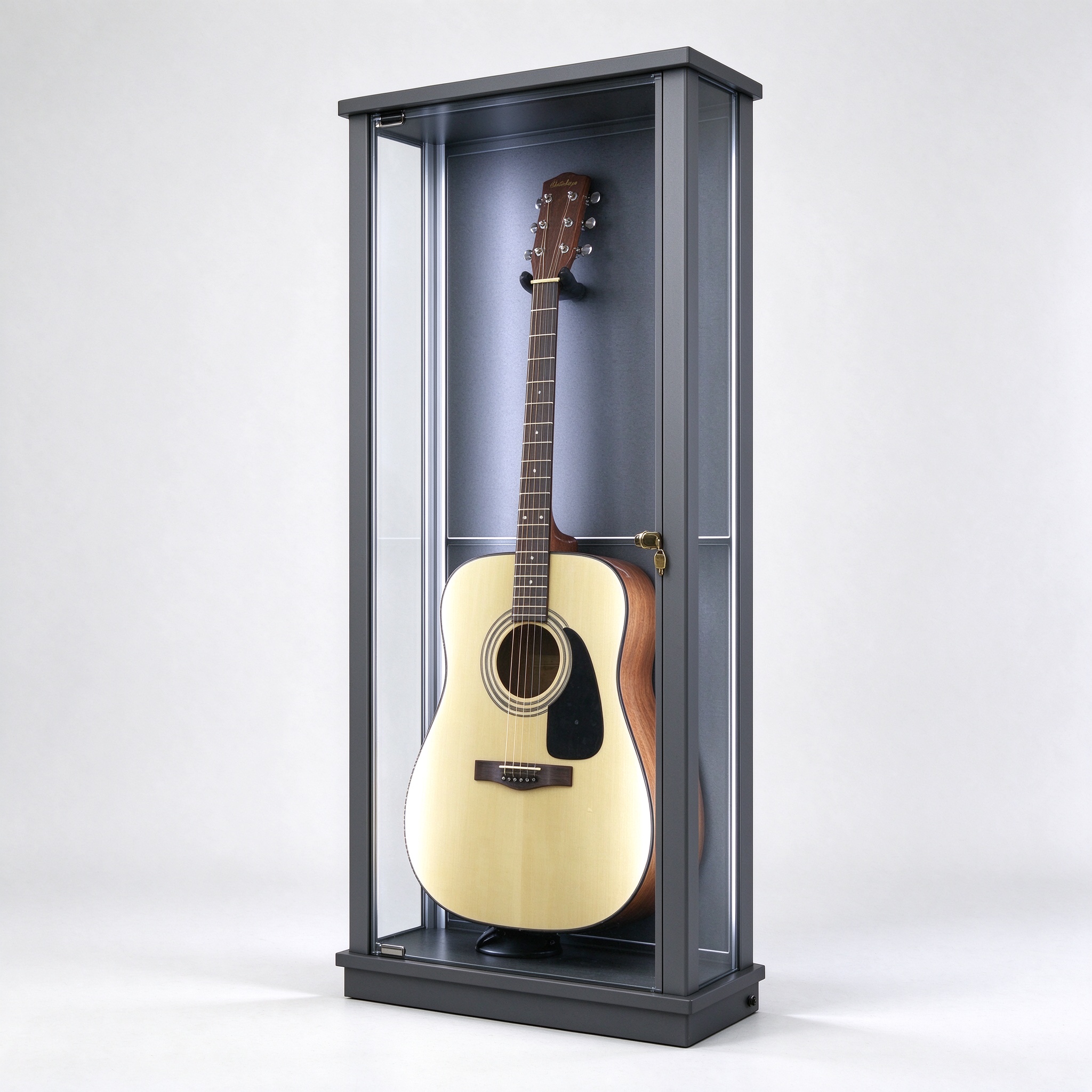 Dark gray lockable guitar display showcase right 45 view