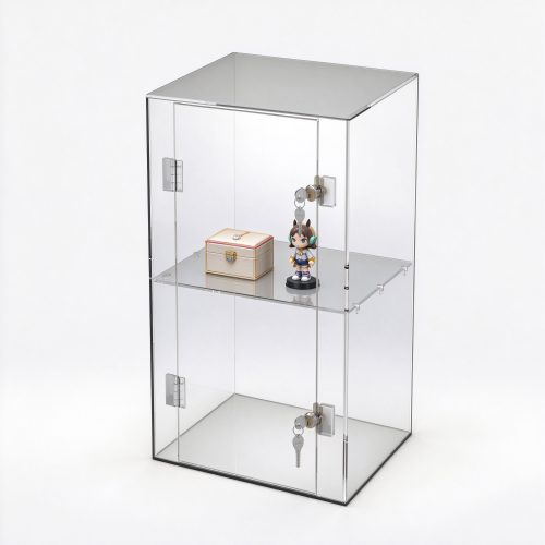 Clear acrylic lockable display case right 45 view