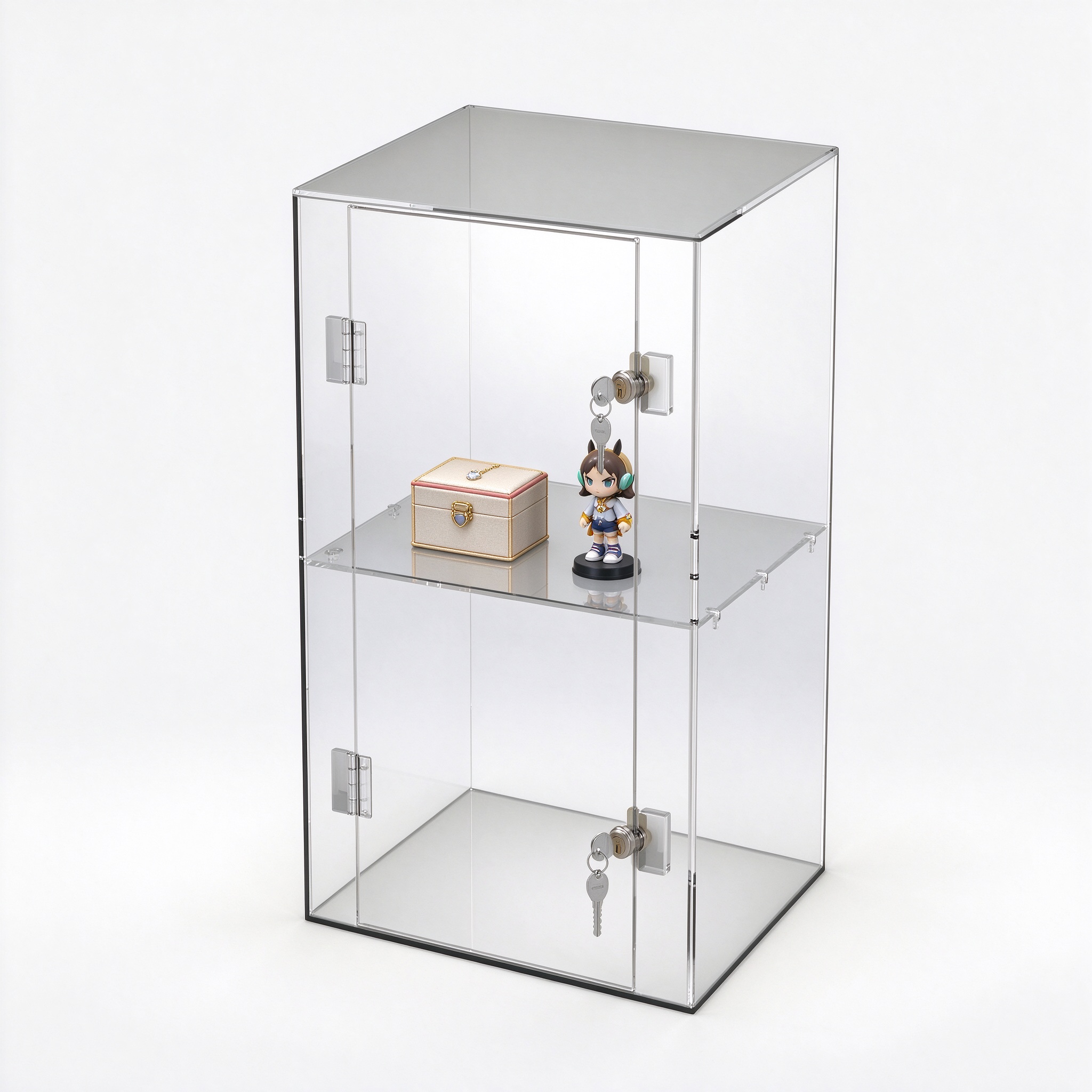 Clear acrylic lockable display case right 45 view