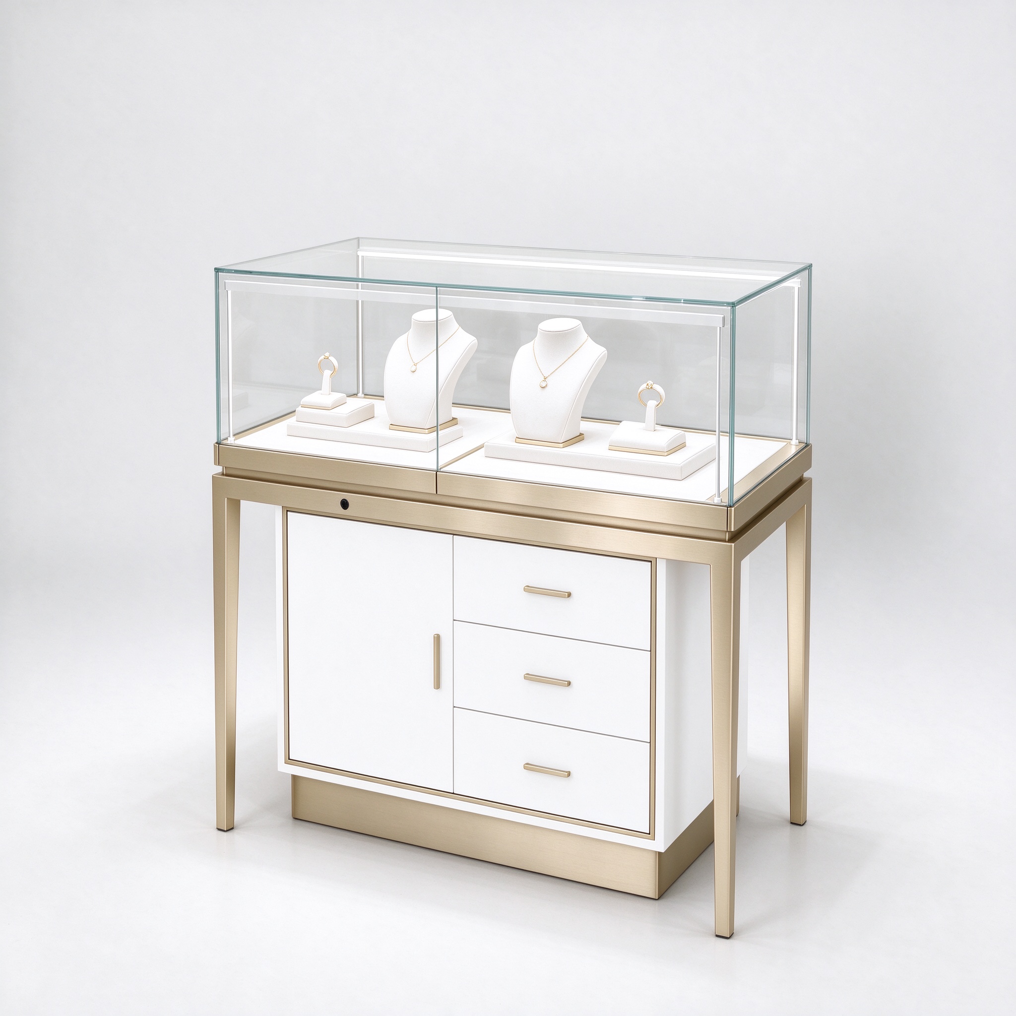 White lockable jewelry counter champagne gold right 45 view