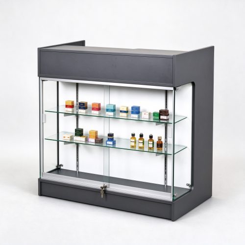 Dark gray lockable glass counter showcase right 45 view