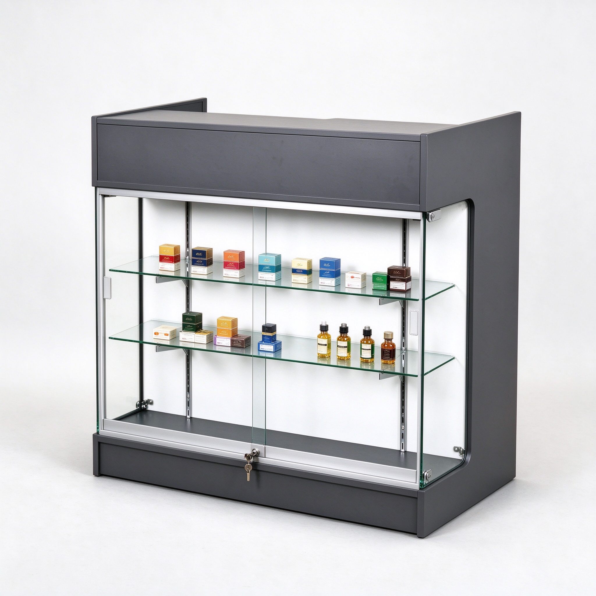 Dark gray lockable glass counter showcase right 45 view