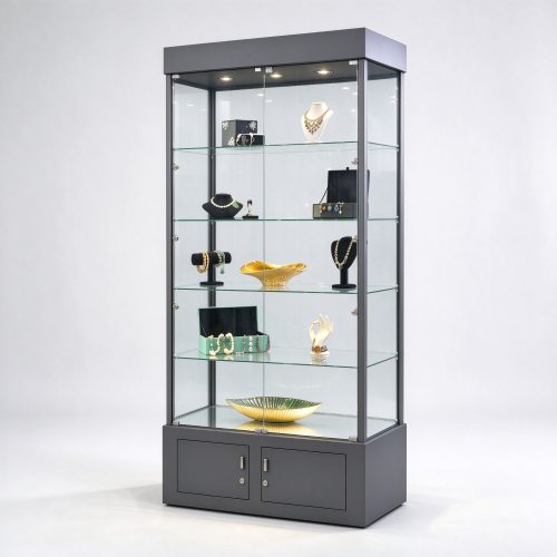 Dark gray floor standing lockable glass cabinet right 45 view