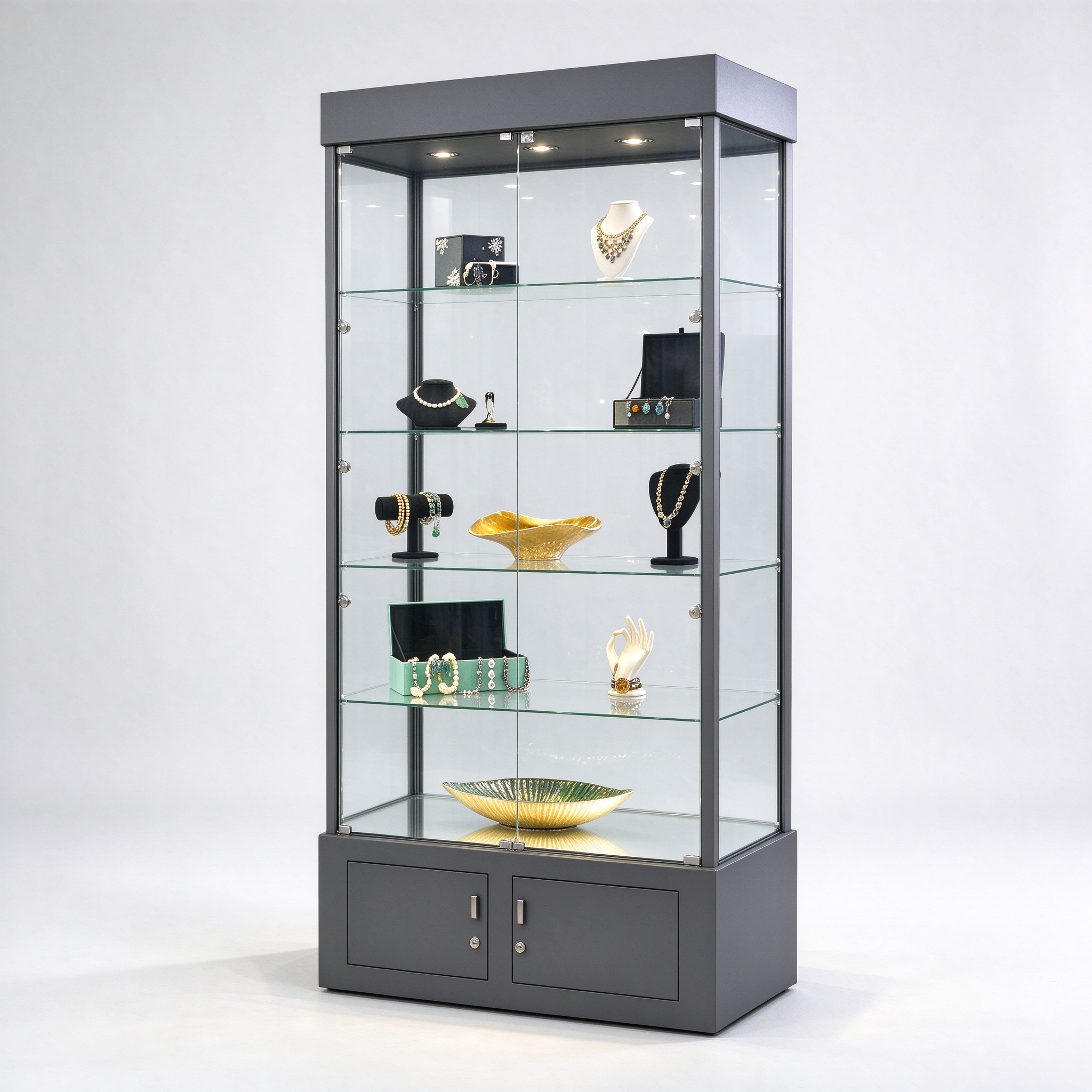 Dark gray floor standing lockable glass cabinet right 45 view