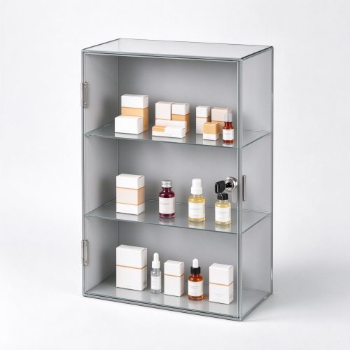 Light gray wall mounted lockable display case right 45 view