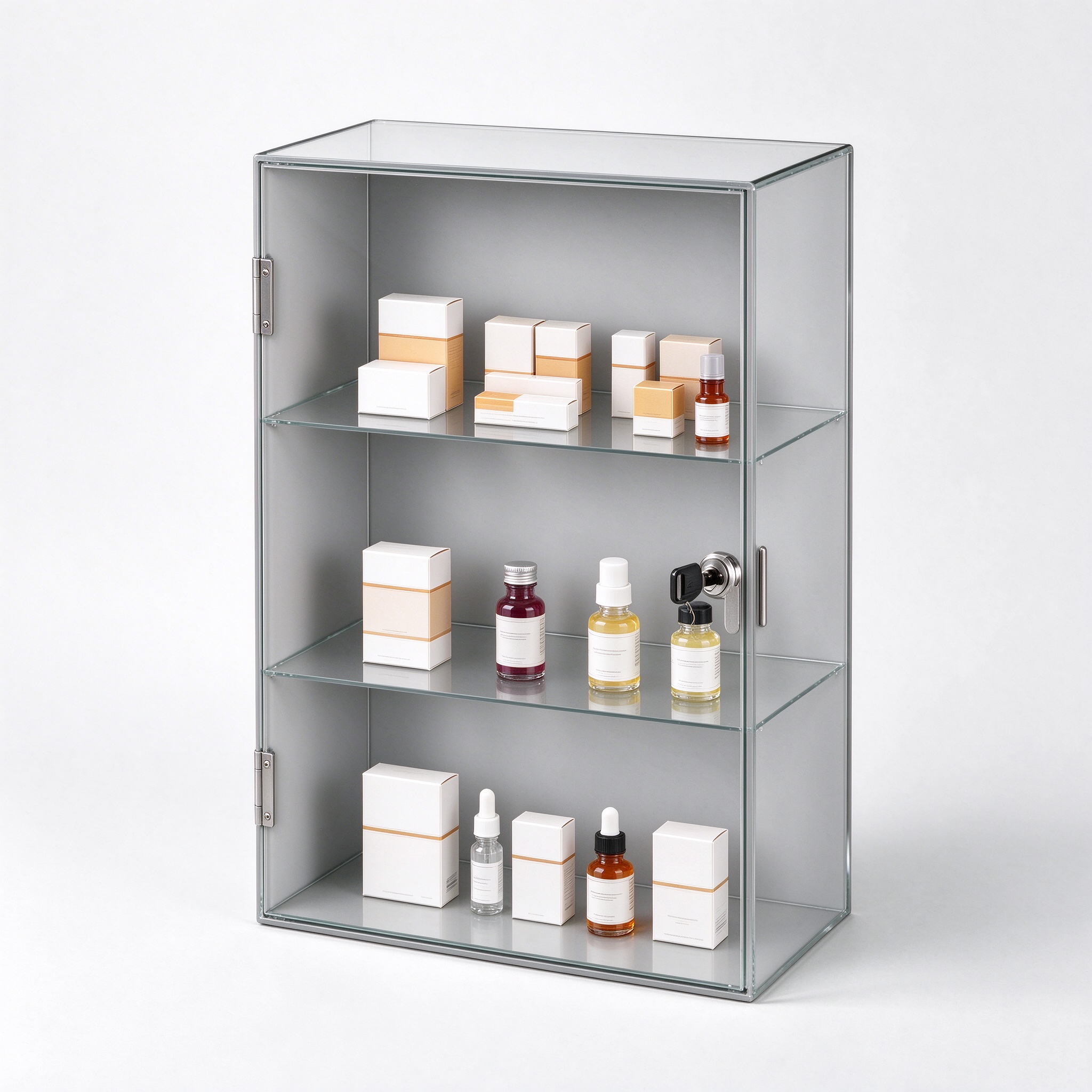 Light gray wall mounted lockable display case right 45 view