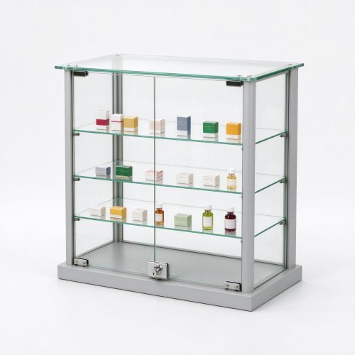 Light gray countertop lockable glass case right 45 view