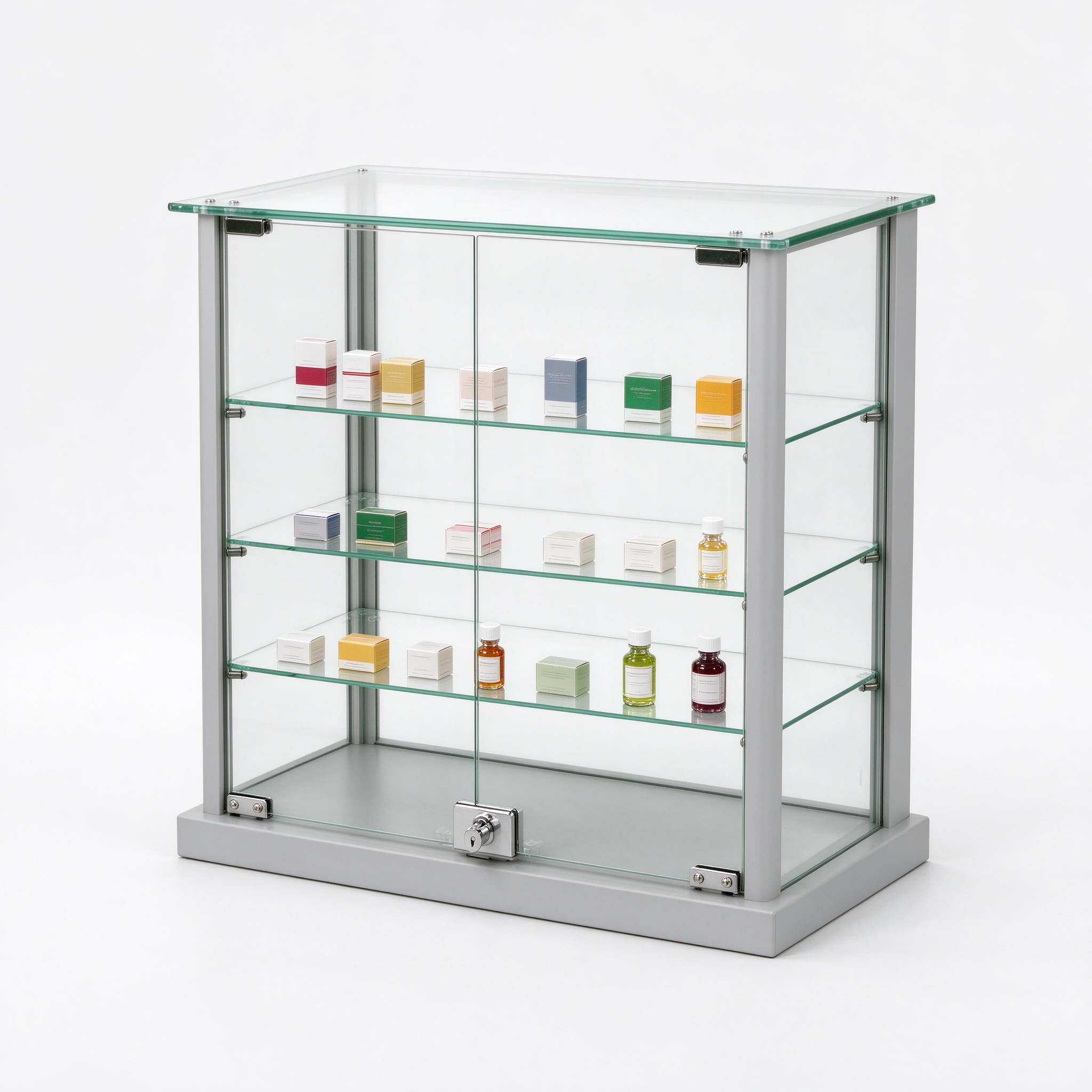 Light gray countertop lockable glass case right 45 view
