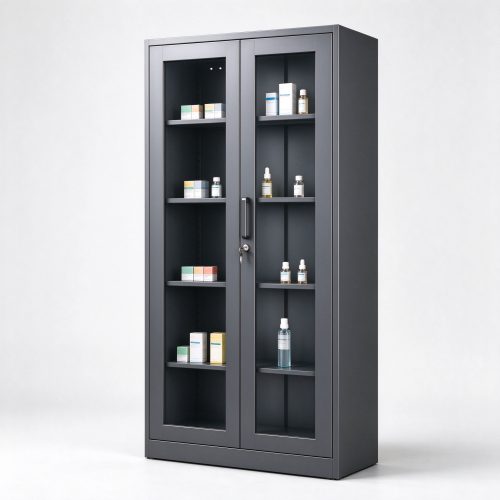 Dark gray metal frame lockable display cabinet right 45 view