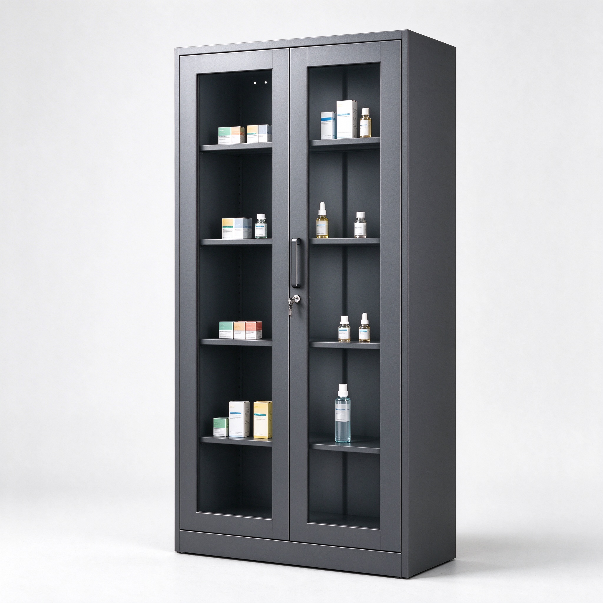 Dark gray metal frame lockable display cabinet right 45 view