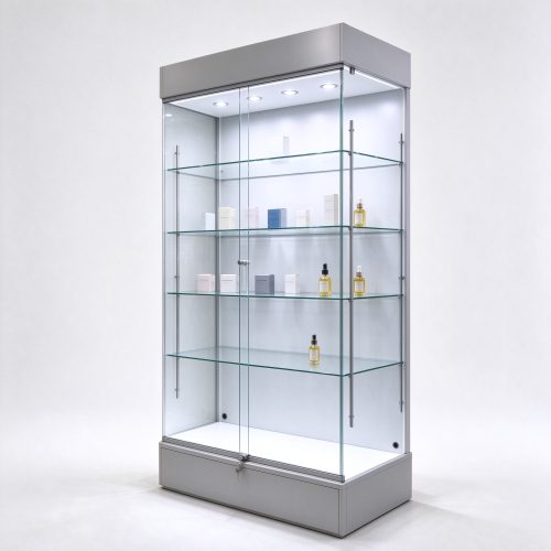 Light gray floor standing lockable glass cabinet right 45 view