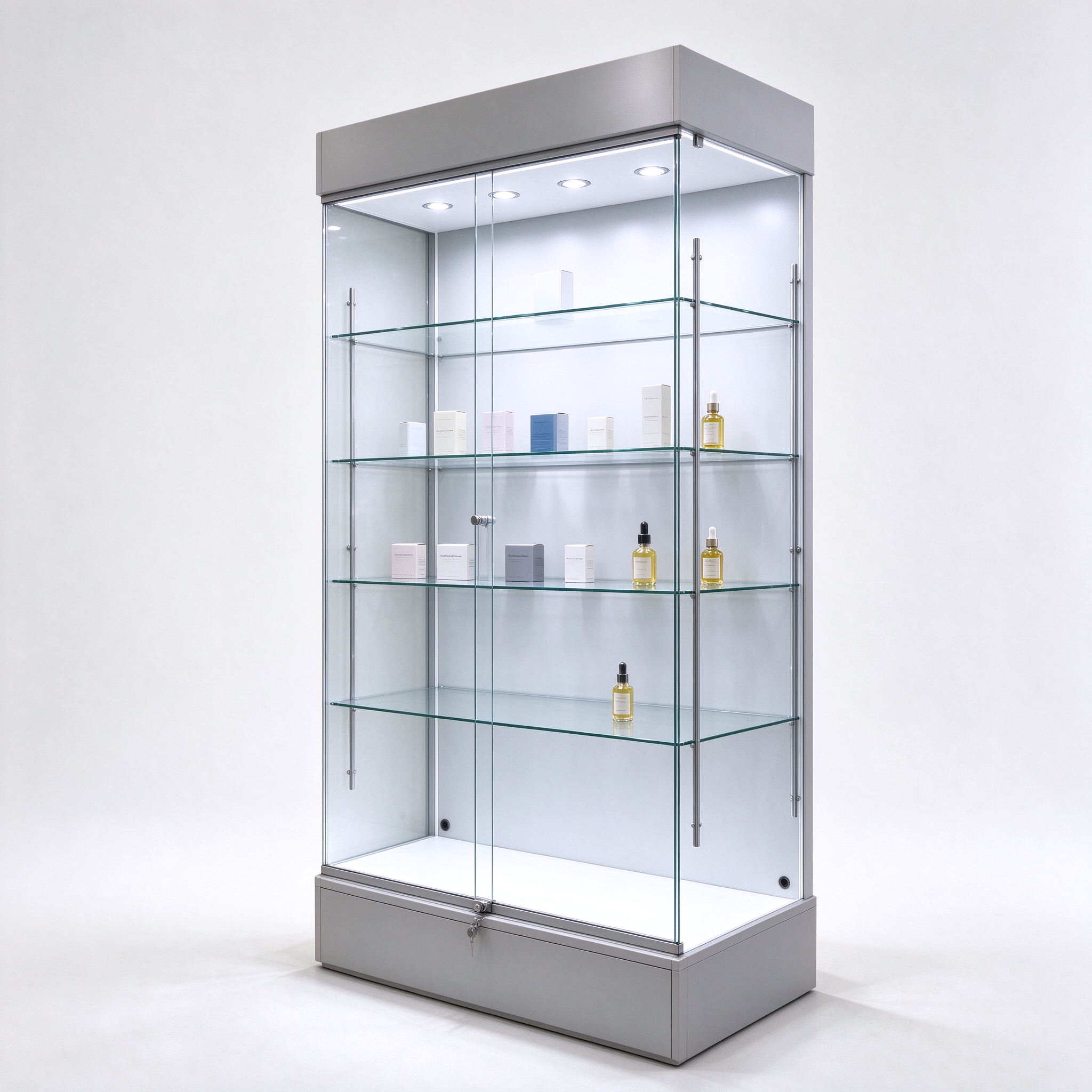 Light gray floor standing lockable glass cabinet right 45 view