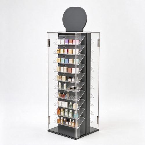 Clear acrylic lockable double-sided display tower right 45 view