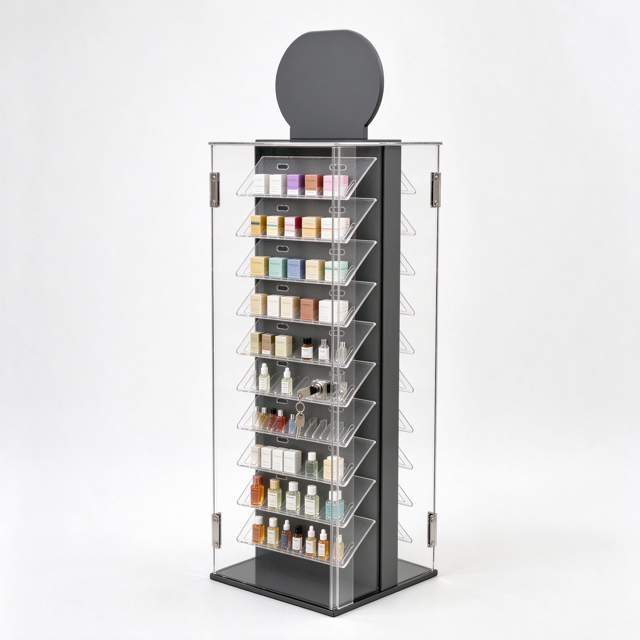 Clear acrylic lockable double-sided display tower right 45 view