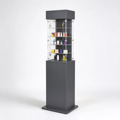 Dark gray floor standing lockable acrylic tower right 45 view