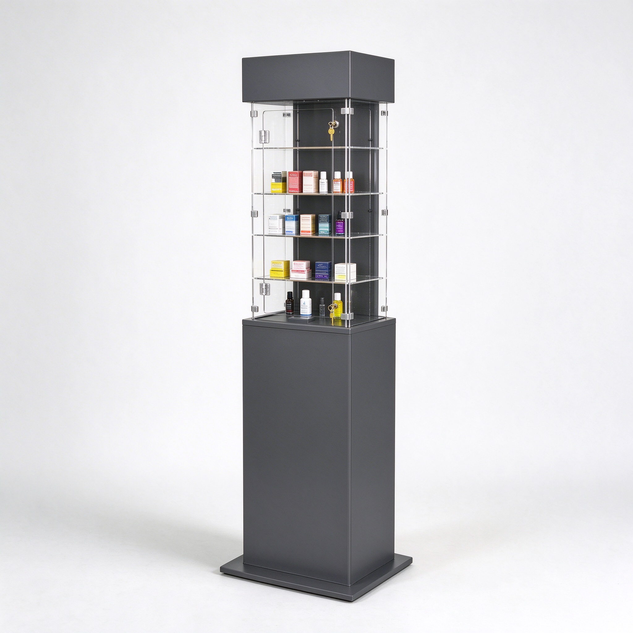 Dark gray floor standing lockable acrylic tower right 45 view