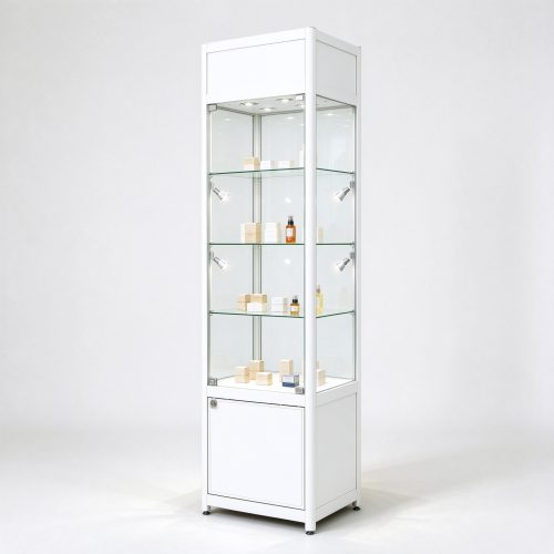 White tall lockable glass display cabinet right 45 view