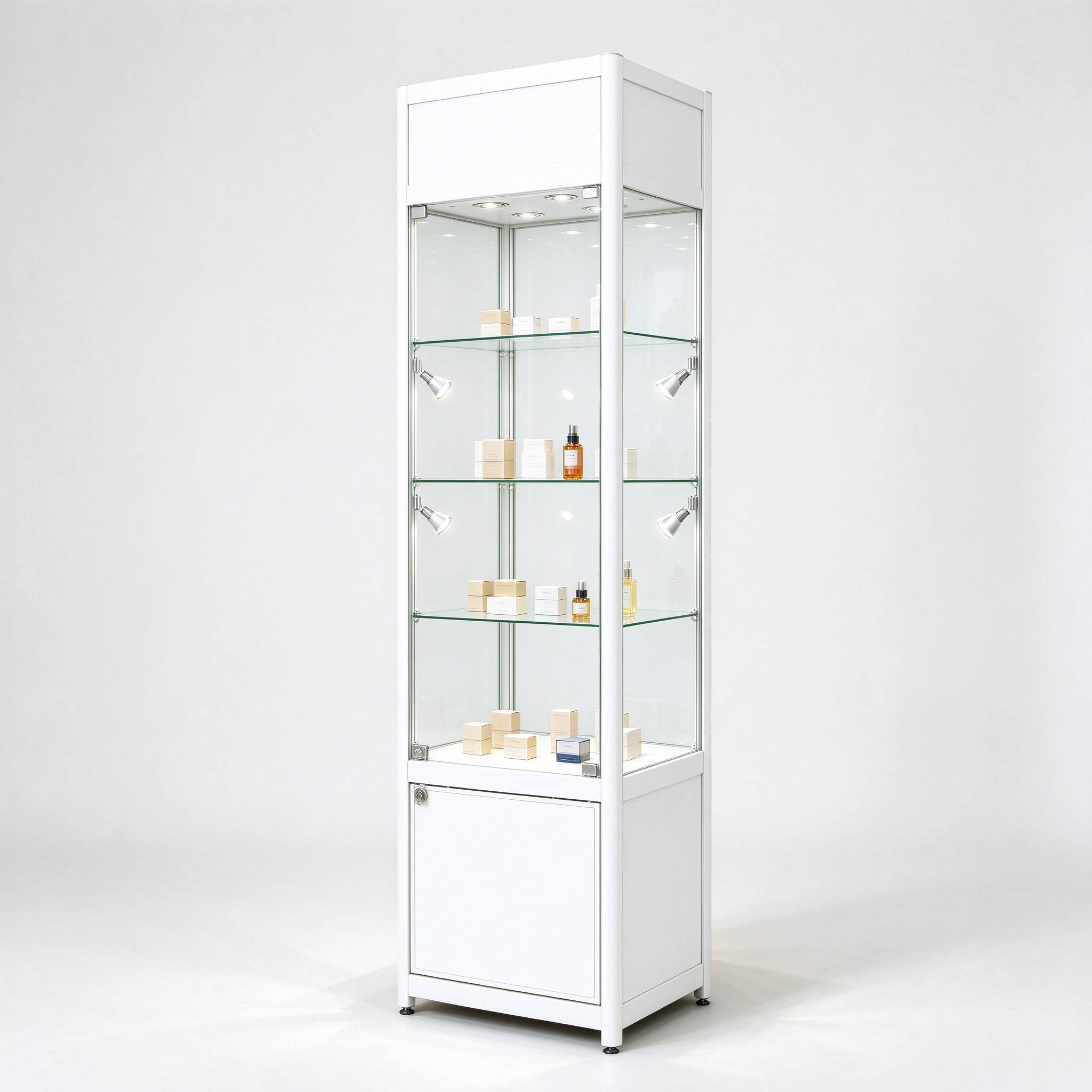 White tall lockable glass display cabinet right 45 view