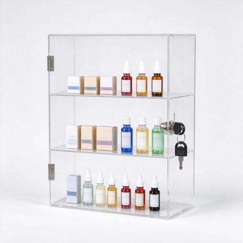 Clear acrylic wall mounted lockable display case right 45 view