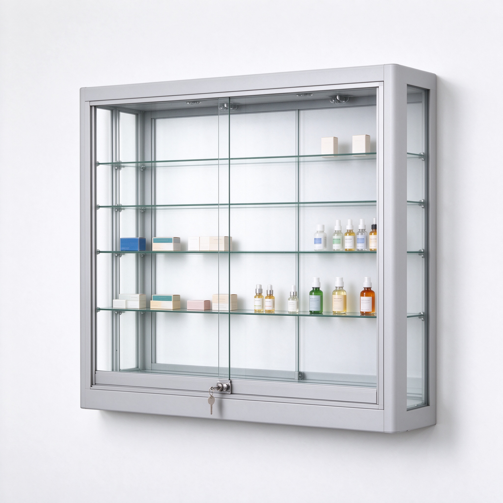Light gray wall mounted lockable glass display case right 45 view