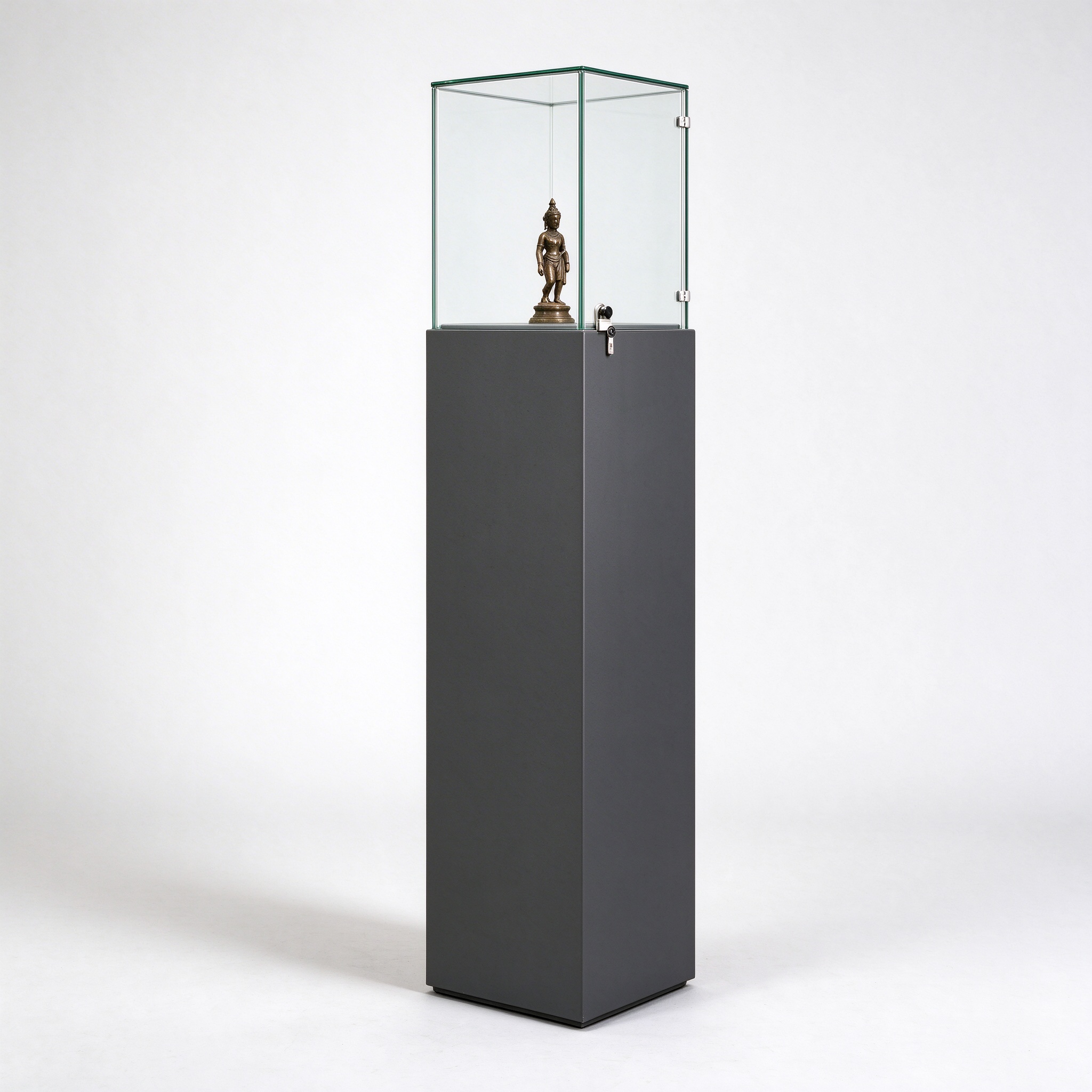 Dark gray pedestal lockable glass display case right 45 view