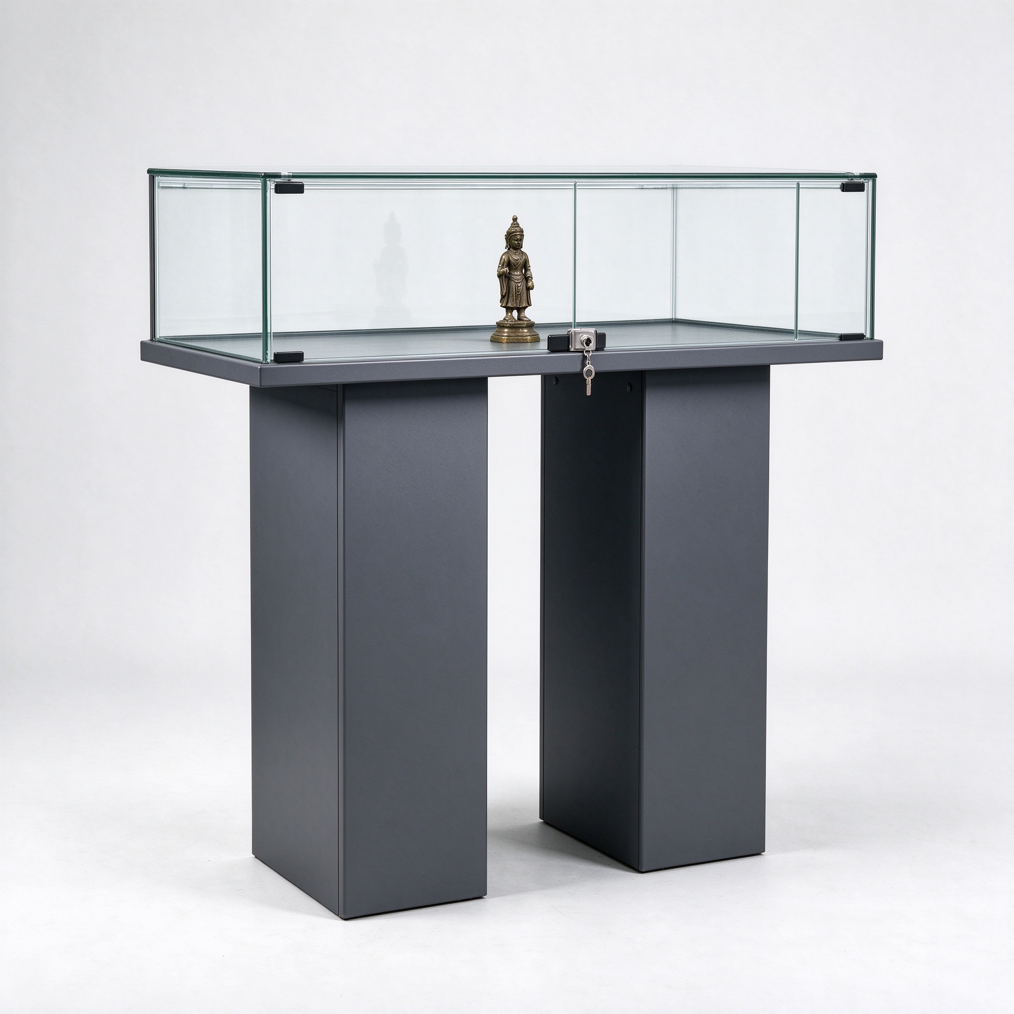 Dark gray twin pedestal lockable glass display table right 45 view