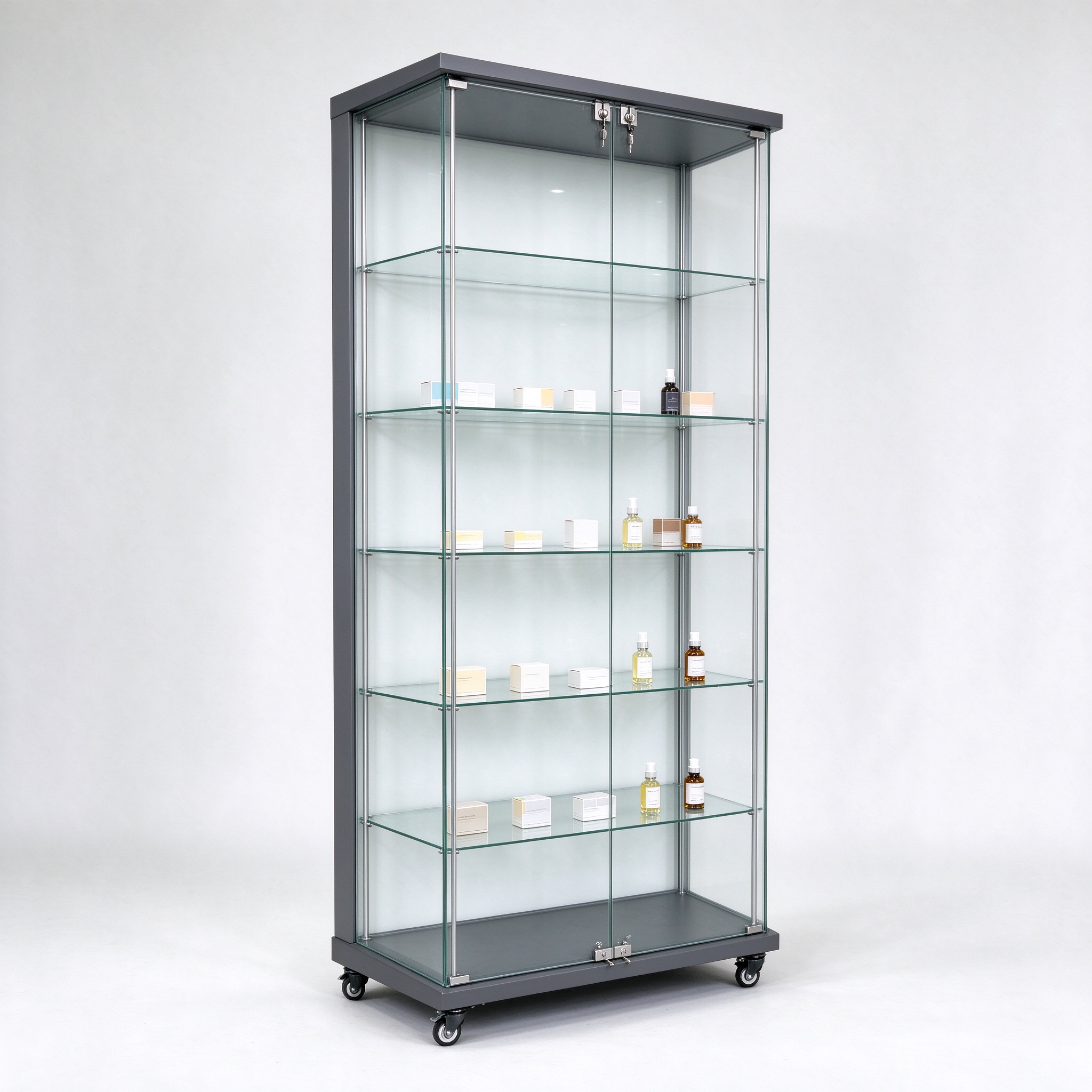Dark gray floor standing lockable glass display cabinet right 45 view