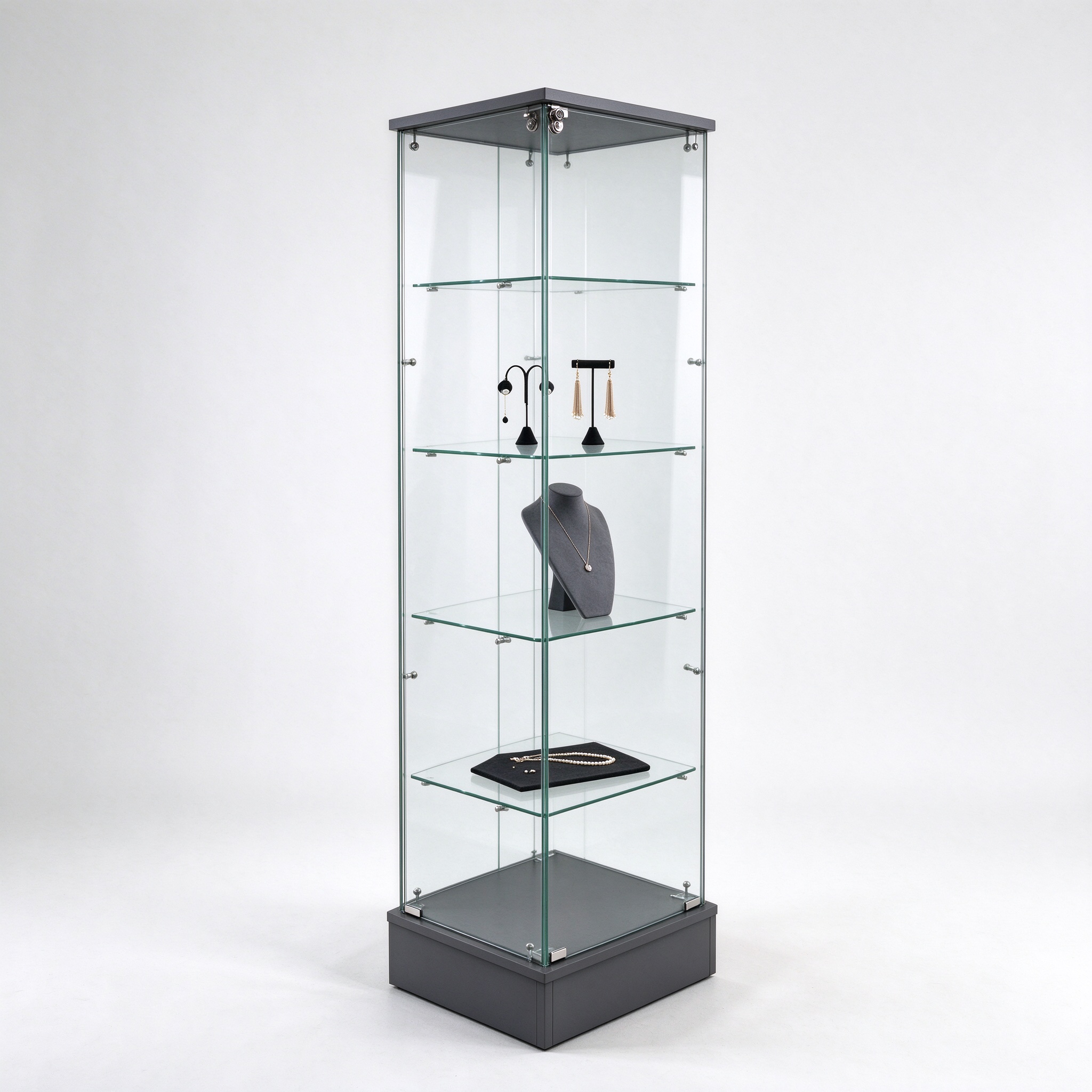 Dark gray tower lockable glass jewelry display case right 45 view