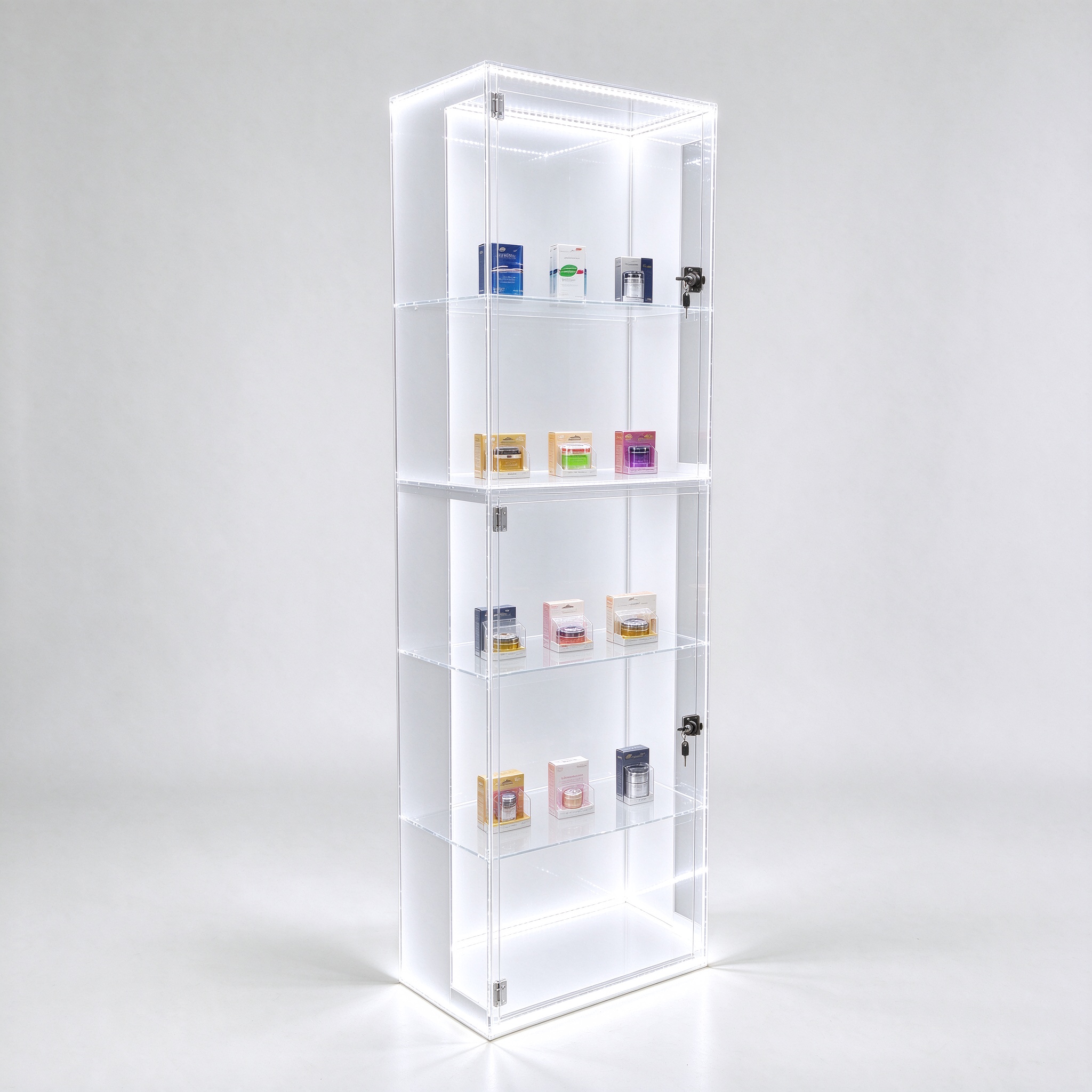 Clear acrylic lockable display cabinet with white LED right 45 view