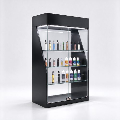 LED lighted black acrylic vape display case right 45 view