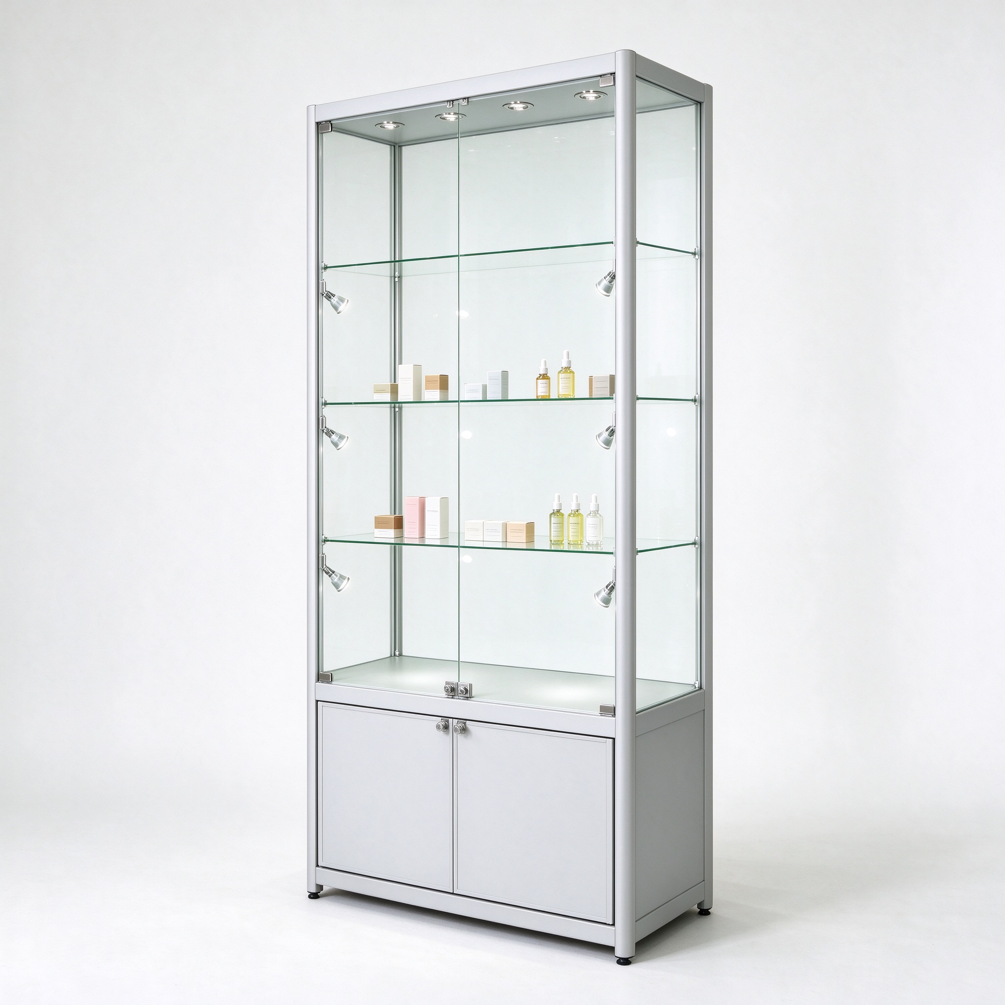 Light gray aluminum frame lockable glass display cabinet right 45 view