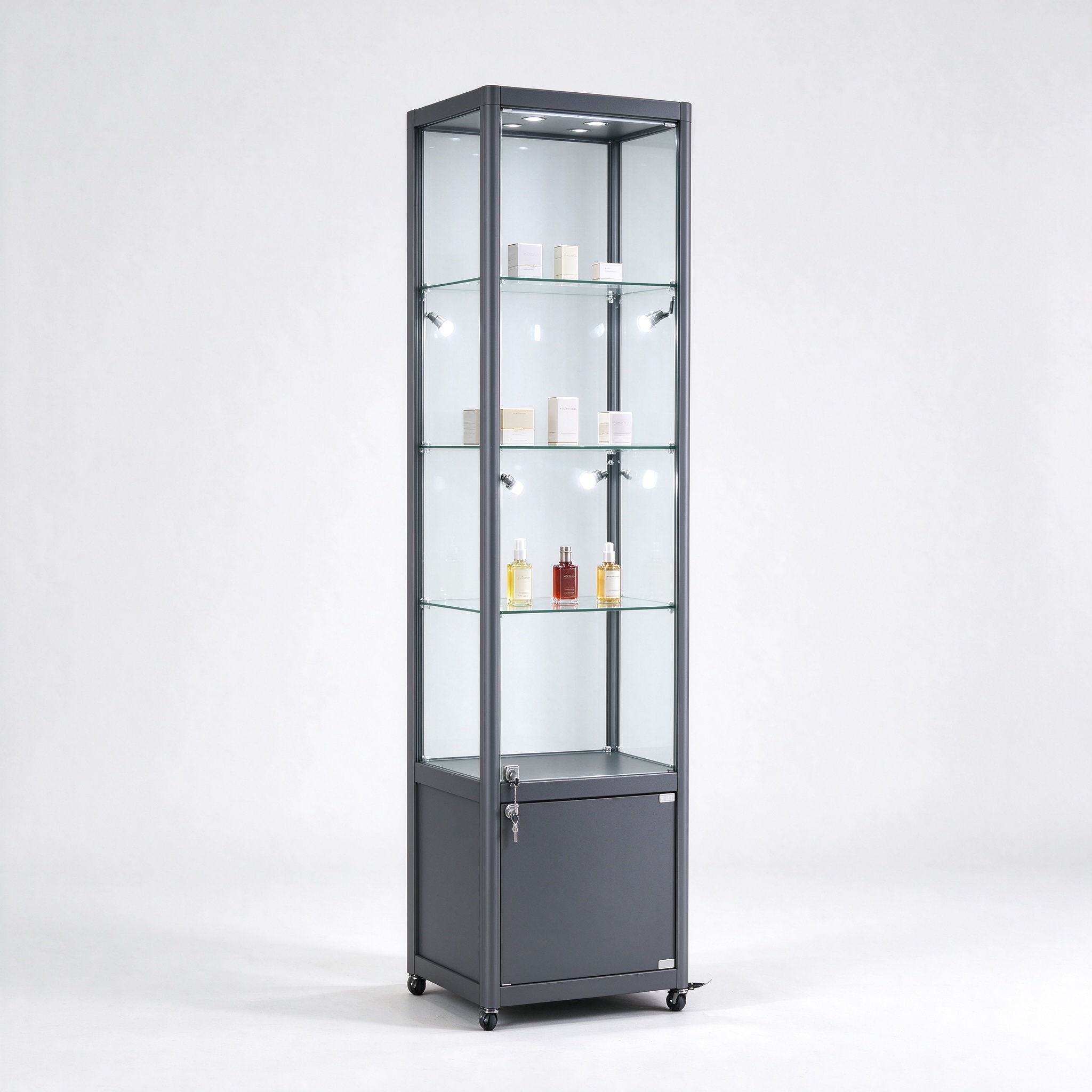 Dark gray narrow tower lockable glass display case right 45 view