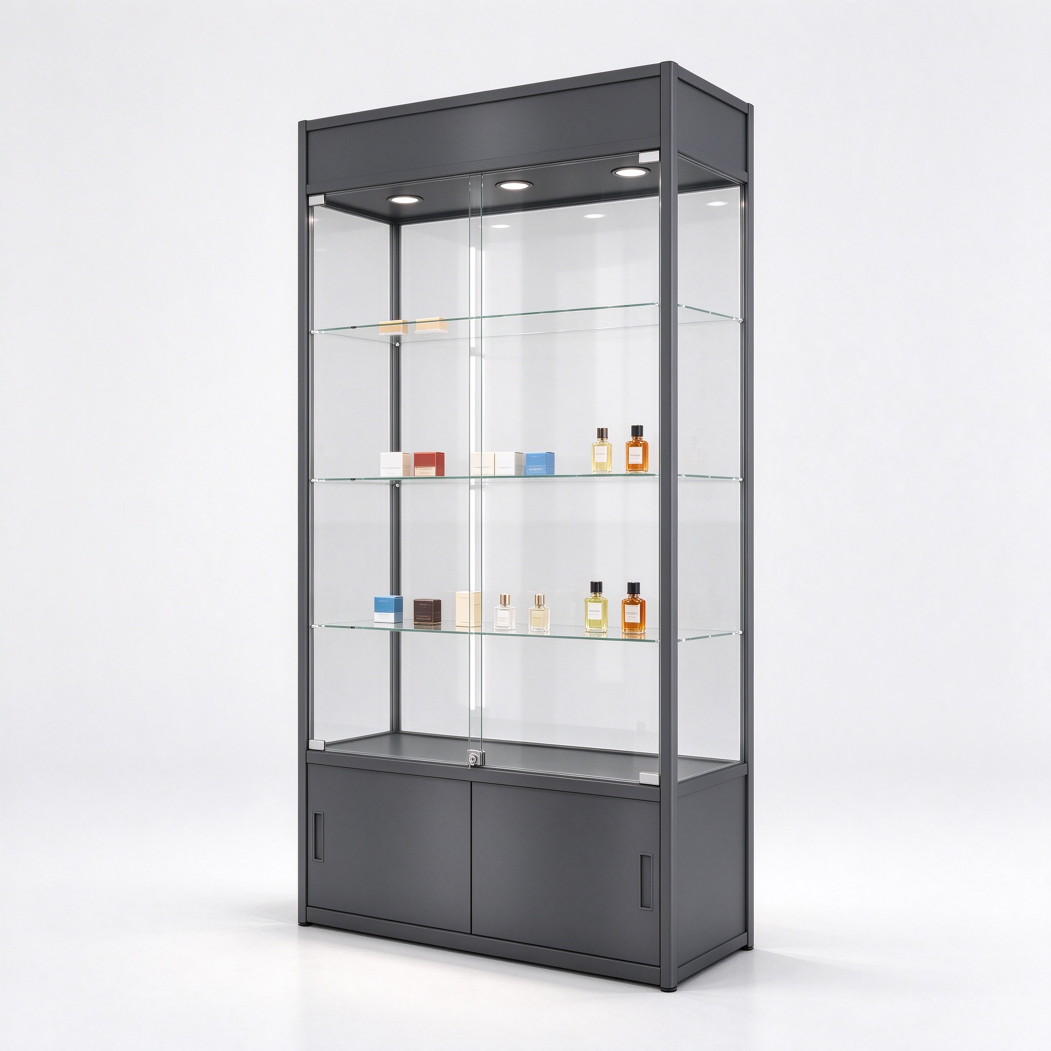 Dark gray floor standing lockable glass display cabinet right 45 view
