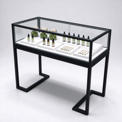 Black metal frame cannabis display table right 45 degree angle