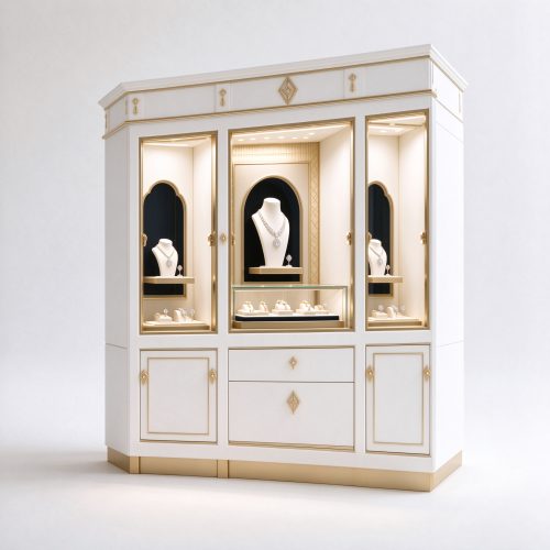 White and gold vintage jewelry display cabinet right 45 view