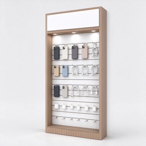Light oak wall mounted phone display cabinet right 45 view
