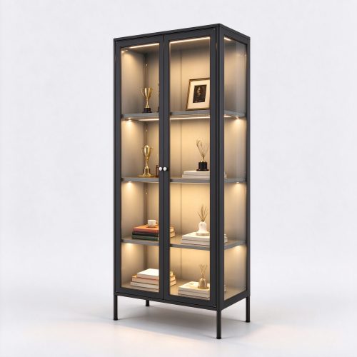 Black frame LED lighted glass display cabinet right 45 view