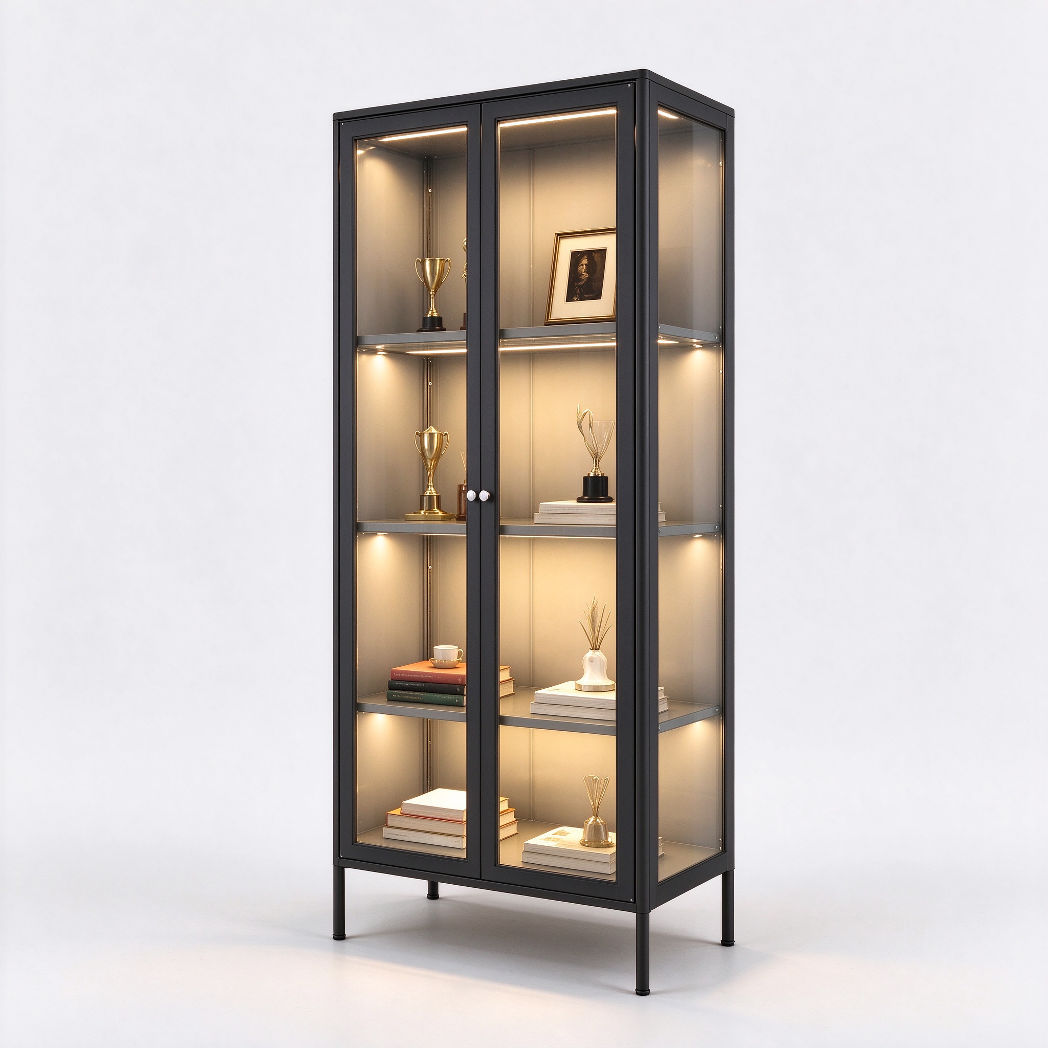 Black frame LED lighted glass display cabinet right 45 view