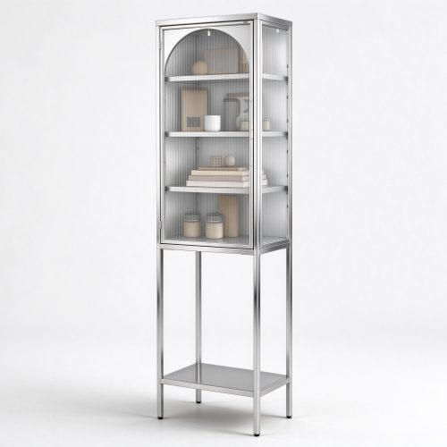 Silver mirror stainless steel fluted glass cabinet right 45 view