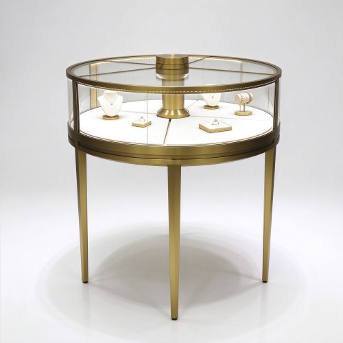 Round gold brass glass jewelry counter right 45 view