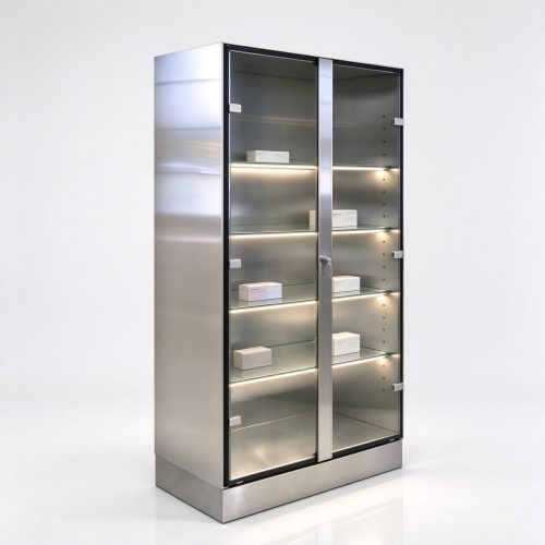Brushed stainless LED shelf cabinet right 45 view