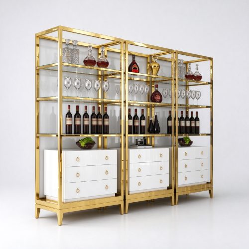 Gold three-section wine rack right 45 view